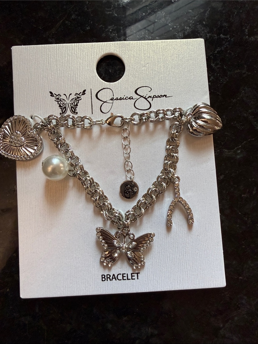 Jessica Simpson Silver Charm Bracelet with Butterfly, Pearl & Wishbone Charms